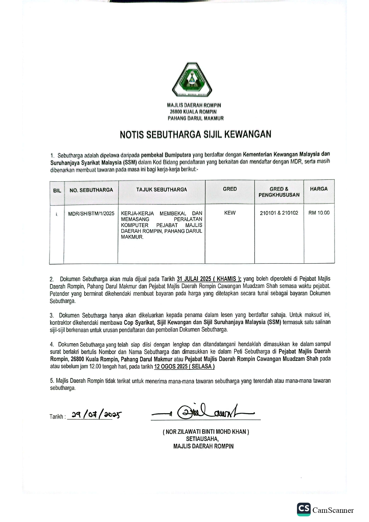 NOTIS SEBUTHARGA SIJIL KEWANGAN 
